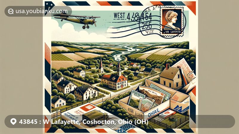 Modern illustration of West Lafayette, Coshocton County, Ohio, featuring ZIP code 43845 and local postal theme with village charm, Ohio state flag, and Old Stone Fort integration.