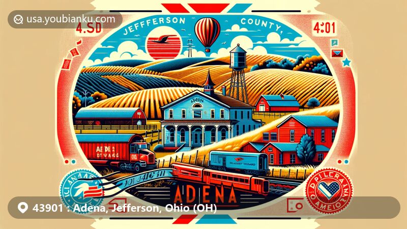 Modern illustration of Adena, Jefferson County, Ohio, highlighting postal theme with ZIP code 43901, featuring Black Sheep Vineyard, The Farm Restaurant, vintage air mail envelope, and historic Mount Pleasant.