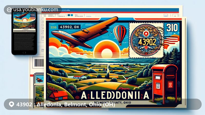 Modern illustration of Alledonia, Belmont County, Ohio, resembling an air mail envelope for ZIP code 43902, showcasing scenic landscapes, local flora, and regional symbols like the Ohio state flag and Belmont County outline.