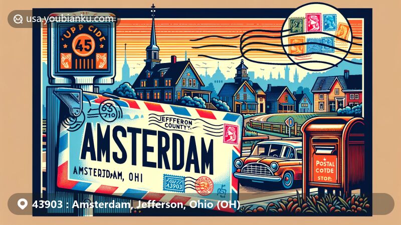 Modern illustration of Amsterdam village in Jefferson County, Ohio, featuring village silhouette and iconic buildings, vintage airmail envelope with '43903' and 'Amsterdam, OH', classic postal mailbox, and delivery van, showcasing rural charm and postal theme.