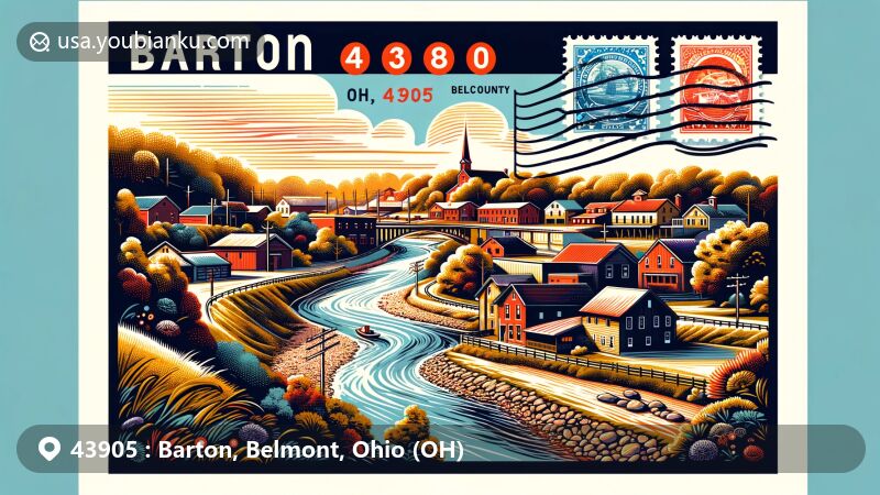 Modern illustration of Barton, Belmont County, Ohio, representing ZIP code 43905 with a creative postcard design. The artwork showcases Wheeling Creek and the area's mining history, incorporating postal elements like stamps and a postmark. The vibrant illustration captures the essence of Barton's community spirit and its scenic landscapes.