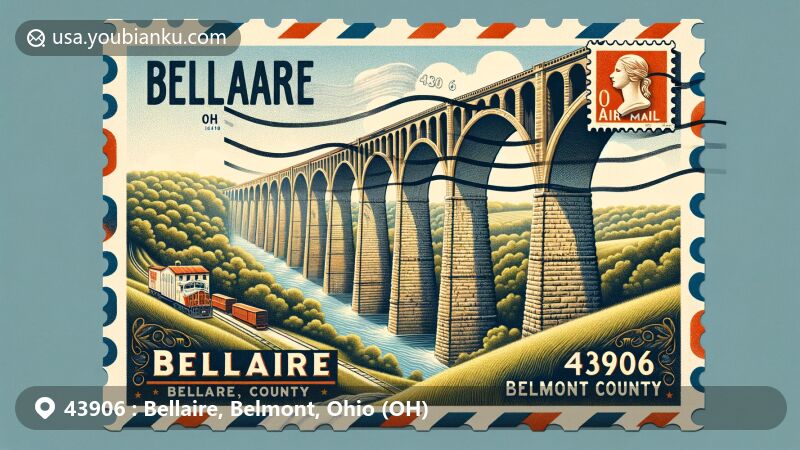 Modern illustration of Bellaire, Belmont County, Ohio, showcasing the Great Stone Viaduct theme with postal elements and ZIP code 43906, featuring classic postal marks and Ohio landscape.