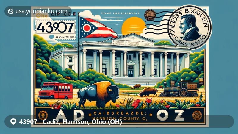 Modern illustration of Cadiz, Harrison County, Ohio, with Clark Gable Museum, Ohio landscape, postal elements, Ohio State Flag, and Bison, merging local charm with postal design.