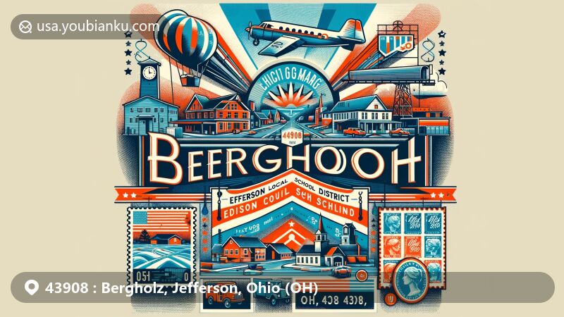 Modern illustration of Bergholz, Jefferson County, Ohio, encapsulating the postal theme with ZIP code 43908, featuring vintage air mail elements and nods to the Edison Local School District.