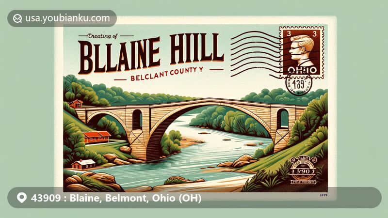 Modern illustration of Blaine Hill Bridge, Belmont County, Ohio, highlighting historic and architectural significance, surrounded by Ohio's green landscape, emphasizing its role as a community landmark and crucial link, with a vintage postage stamp featuring ZIP code 43909.