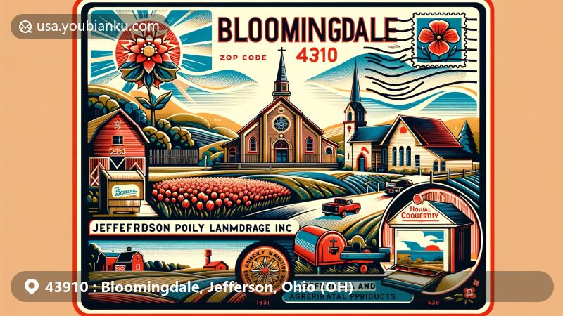Modern illustration of Bloomingdale village, Jefferson County, Ohio, highlighting ZIP code 43910, featuring Camaldolese monastic community at Holy Family Hermitage and agricultural symbols.