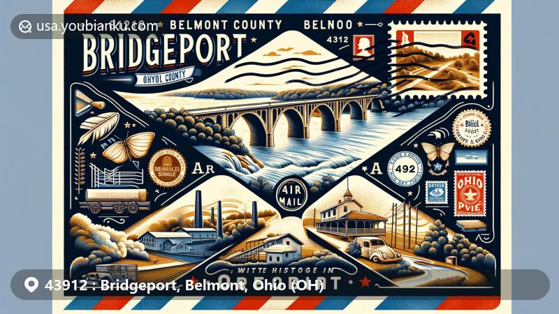 Modern illustration of Bridgeport, Belmont County, Ohio, highlighting 1828 Blaine Hill 'S' Bridge and Great Stone Viaduct, showcasing postal theme with ZIP code 43912, Ohio River views, and vintage postal elements.