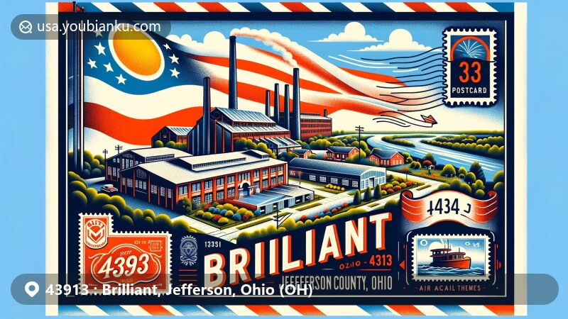 Modern illustration of Brilliant, Jefferson County, Ohio, capturing ZIP code 43913 through a stylish postcard theme, featuring Brilliant Glass factory, Ohio River, and state flag.