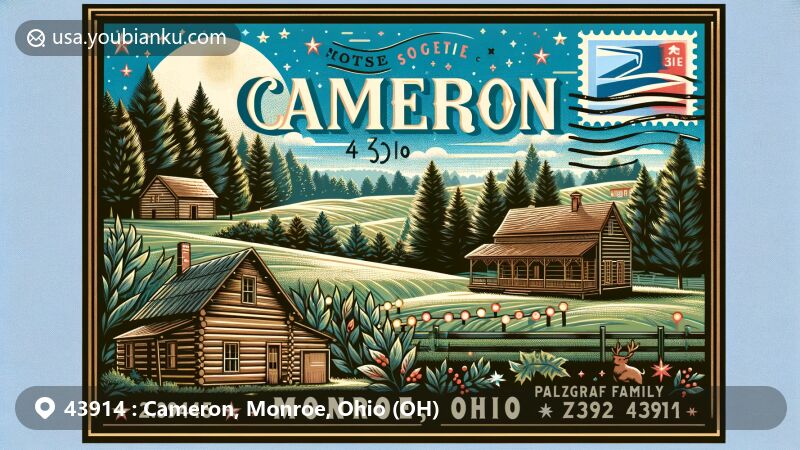 Modern illustration of Cameron, Monroe, Ohio, showcasing natural beauty, Monroe Pioneer Log Cabin, festive elements inspired by Pfalzgraf family's Christmas light display, and vintage postal theme with ZIP code 43914.