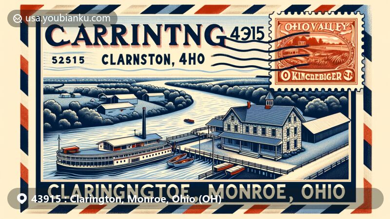 Modern illustration of Clarington, Monroe, Ohio, featuring Ohio Valley River Museum and Frederick Kindleberger Stone House, showcasing historical ties to river industries and architectural heritage, with a backdrop of the scenic Ohio River and elements symbolizing oil and gas industry growth.