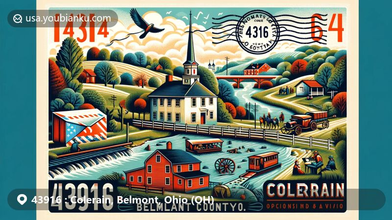 Modern illustration of the Colerain area, Belmont County, Ohio, inspired by its Quaker heritage, opposition to slavery, and role in the Underground Railroad, with a vintage air mail envelope and postage stamp featuring the Concord Quaker Meeting House.