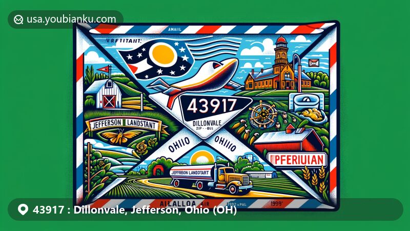 Modern illustration of Dillonvale, Ohio, showcasing postal theme with ZIP code 43917, featuring Ohio state flag, Jefferson County outline, and iconic symbols of the village.
