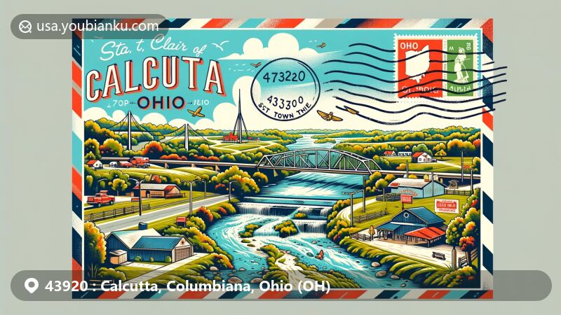 Creative illustration of Calcutta, Columbiana, Ohio, with a postal theme showcasing ZIP code 43920, featuring Little Beaver Creek, Grimms Bridge, and rural charm.