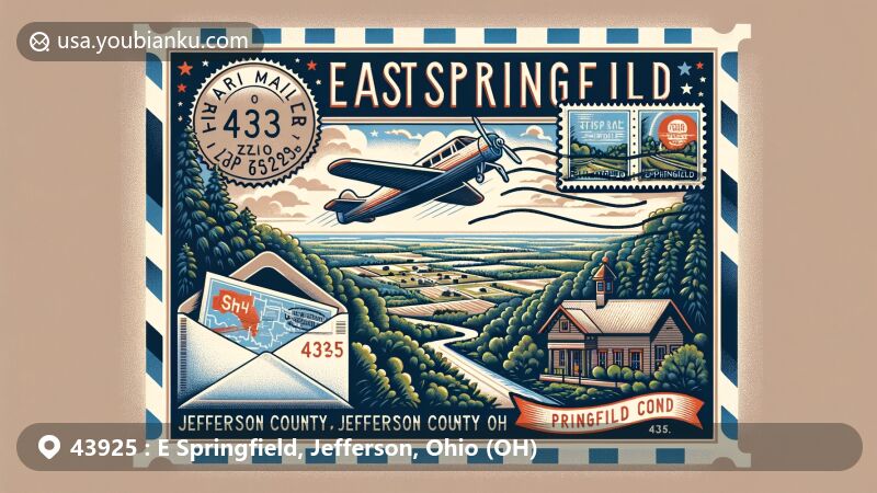 现代插图展示俄亥俄州克劳福德县的东斯普林菲尔德，强调与美国邮政主题相关的ZIP代码43925。插图展示了当地的标志性建筑和风景特色。