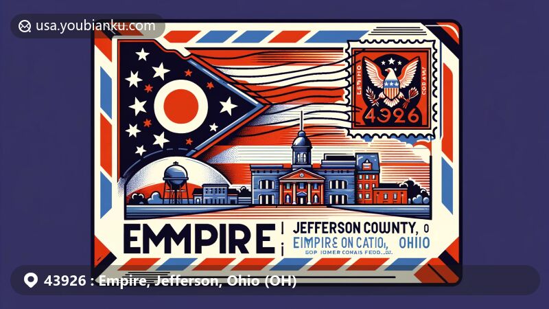 Modern illustration of Empire, Jefferson County, Ohio, resembling an air mail envelope with Ohio state flag, Jefferson County outline, and generic small town landmark, showcasing Empire, OH, ZIP code 43926, and stylized postal stamp with American eagle.