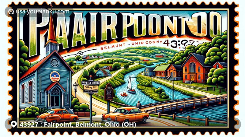 Modern illustration of Fairpoint, Belmont County, Ohio, with Fairpoint Mennonite Church as the focal point, surrounded by Wheeling Creek and lush greenery. Vintage postal car, mailbox with Ohio state flag, and ZIP code 43927 add to the charm.