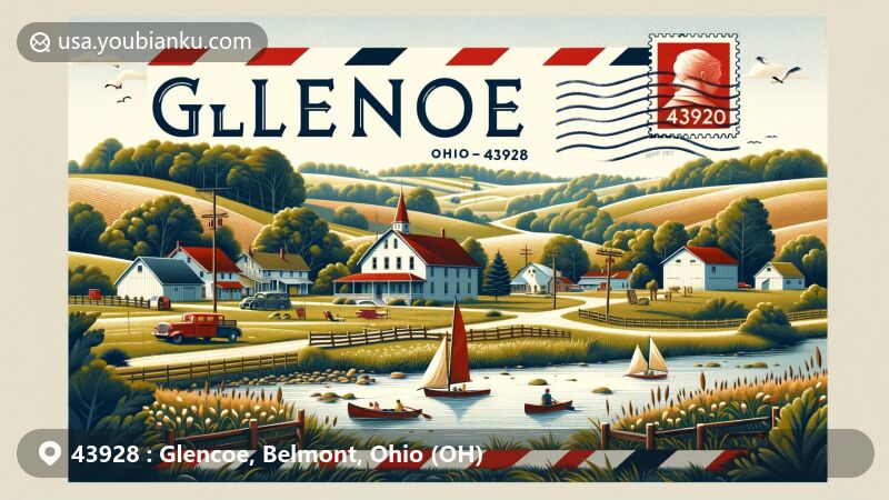 Modern illustration of Glencoe, Belmont County, Ohio, portraying rural tranquility with ZIP code 43928, depicting rolling hills, farmland, and outdoor activities like hiking, fishing, and kayaking.