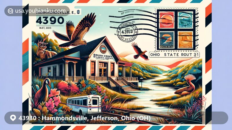 Modern illustration of Hammondsville, Ohio, blending postal theme with local landmarks and natural beauty, including historic post office and Brush Creek Wildlife Area.