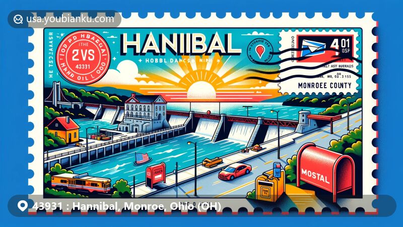 Modern illustration of Hannibal Locks and Dam themed postcard with postal elements like stamps, postmarks, and ZIP Code 43931, featuring a mailbox and mail truck, showcasing the postal heritage of Hannibal, Ohio.