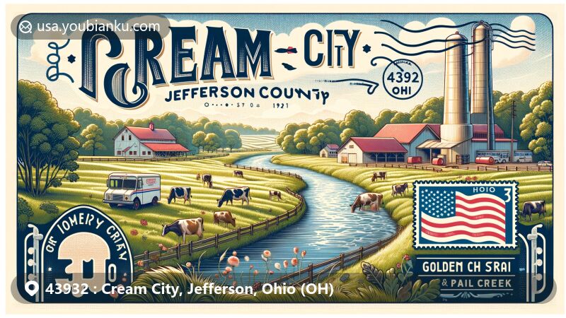 Modern illustration of Cream City, Jefferson County, Ohio, depicting rural landscape with cows, creek, and vintage dairy building, evoking dairy farming history in the 1920s.