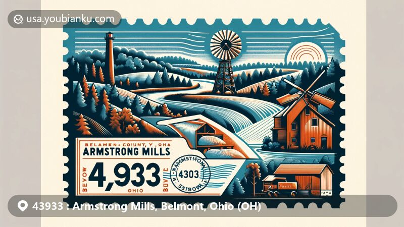 Modern illustration of Armstrong Mills, Belmont County, Ohio, with scenic natural backdrop depicting rolling hills, forests, and rivers, highlighting outdoor activities like hiking and kayaking, incorporating historical elements like a gristmill, postal elements like a stamp and mail delivery scene with ZIP code 43933, framed in an air mail envelope.