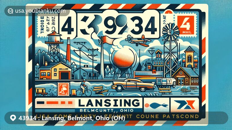 Modern illustration of Lansing, Belmont County, Ohio, featuring postal theme with ZIP code 43934, showcasing local landmarks and postal elements in a welcoming design, capturing community vibe.
