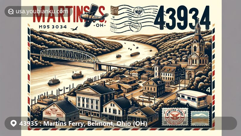 Modern illustration of Martins Ferry, Ohio, celebrating its history as the oldest settlement in the state, incorporating a blend of historical and contemporary elements with a postal motif and Ohio River backdrop.