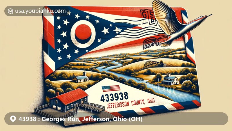 Modern illustration of Georges Run, Jefferson County, Ohio, infused with postal theme of ZIP code 43938, featuring vintage air mail envelope with Ohio state flag stamp and scenic depiction of local charm.