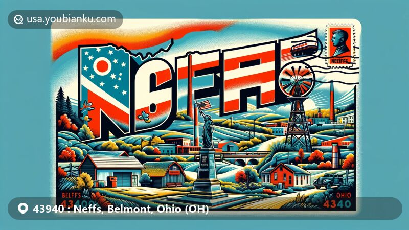 Modern illustration of Neffs, Belmont County, Ohio, inspired by postal theme with ZIP code 43940, featuring Ohio state flag, Belmont County outline, and landmarks like Willow Grove Mine memorial. Stylized landscape background includes McMahon Creek valley.