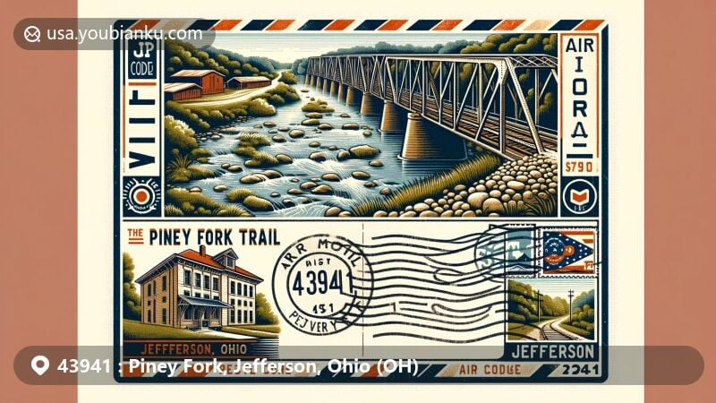 Modern illustration of Piney Fork, Jefferson County, Ohio, inspired by the area's history and natural beauty, featuring Piney Fork Trail, LE&A Railroad corridor turned scenic trail, steel girder bridges, mining community references, and the Roosevelt Inn, all framed in a vintage air mail envelope with postal marks and Ohio state flag stamp.