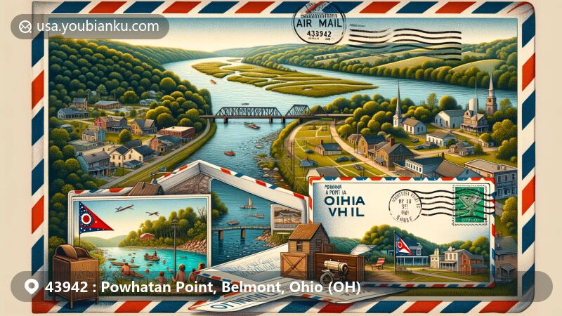 Modern illustration of Powhatan Point, Belmont County, Ohio, featuring picturesque village along the Ohio River, Captina Creek confluence, vintage air mail envelope revealing village scene, historical sites, family fun amenities, Ohio state flag postage stamp, postal elements.