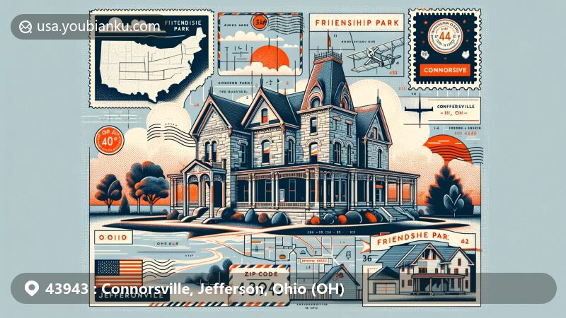 Vibrant illustration of Springfield, Brock County, Ohio, with emphasis on postal elements and ZIP code 43943, showcasing postal stamps, a postmark, and a mailbox or postal van.