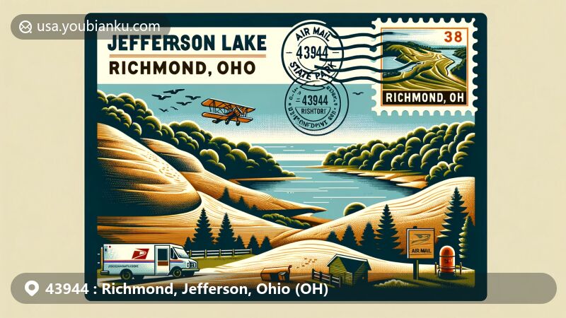 Modern illustration of Jefferson Lake State Park, showcasing natural beauty of sandstone cliffs, forests, and lake in Richmond, Jefferson County, Ohio, with postal theme featuring envelope frame with stamps and postmark reading '43944 Richmond, OH'.