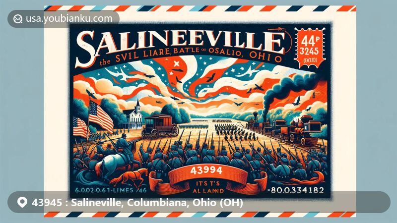 Modern illustration of Salineville, Ohio, in Columbiana County, highlighting the Civil War Battle of Salineville, the end of Morgan's Raid, and the capture of Confederate General John Hunt Morgan. Features a postcard theme with ZIP code 43945 and symbols of Ohio.