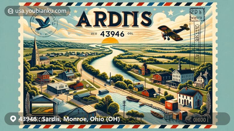 Modern illustration of Sardis, Monroe County, Ohio, featuring Ohio River, Ohio Company history, State Routes 7 and 255 intersection, and postal theme with ZIP code 43946.