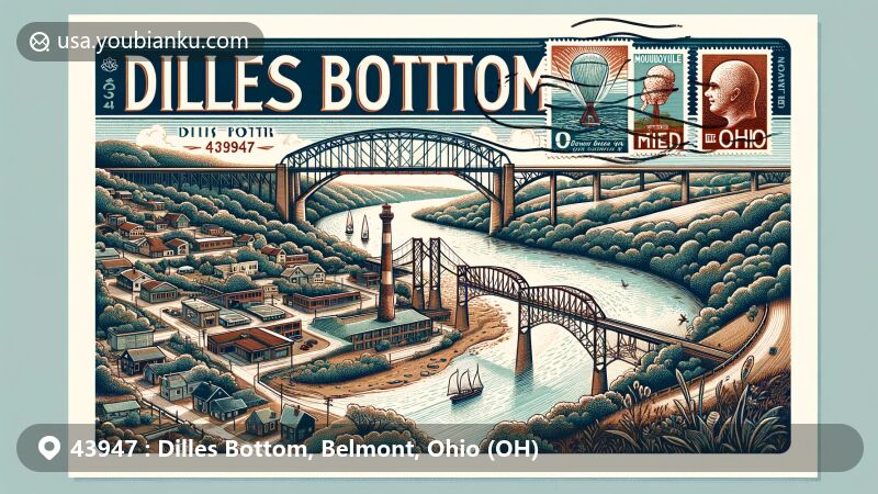 Vintage postcard-style illustration of Dilles Bottom, Ohio, ZIP Code 43947, featuring Moundsville Bridge connecting Mead Township, Ohio, to Moundsville, West Virginia.