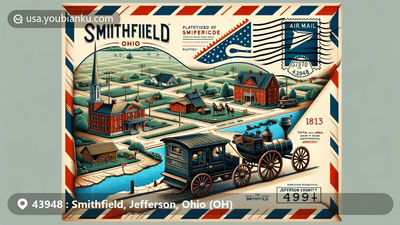 Modern illustration of Smithfield, Ohio, with zip code 43948, showcasing village's layout, historical significance including Morgan's Raid, and postal heritage.