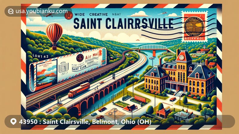 Modern illustration of Saint Clairsville, Ohio, featuring air mail envelope, Belmont County Seal stamp, Clarendon Hotel, and National Road Bikeway, set against picturesque landscapes under sunny sky.