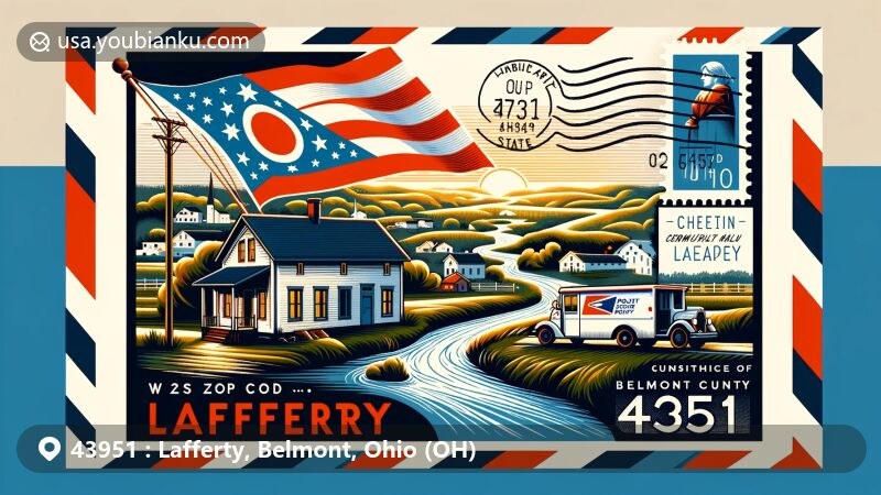 Modern illustration of Lafferty, Ohio, ZIP code 43951, blending postal and regional elements, featuring Ohio state flag, Belmont County outline, Wheeling Creek, Lafferty post office, and postal truck.