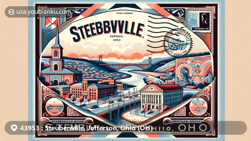 Modern illustration of Steubenville, Ohio, featuring vintage airmail envelope theme with key city landmarks like Steubenville murals, Veterans Memorial Bridge, and Franciscan University.