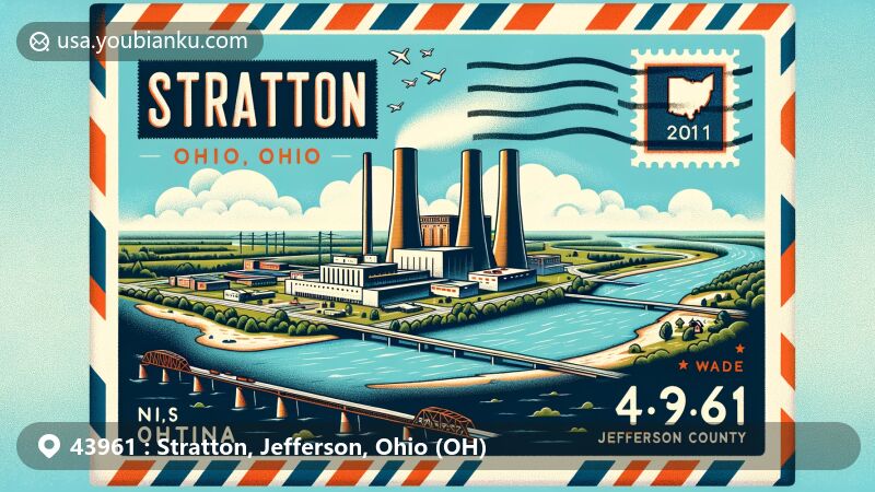 Modern illustration of Stratton, Jefferson County, Ohio, depitcing a postal theme with ZIP code 43961, featuring W.H. Sammis Power Plant and the Ohio River.