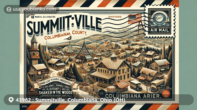 Vintage air mail envelope illustration of Summitville, Columbiana area in Ohio, featuring key visual elements like Summitville village, Shaker Woods Festival, Christmas in the Woods, and ZIP code 43962.