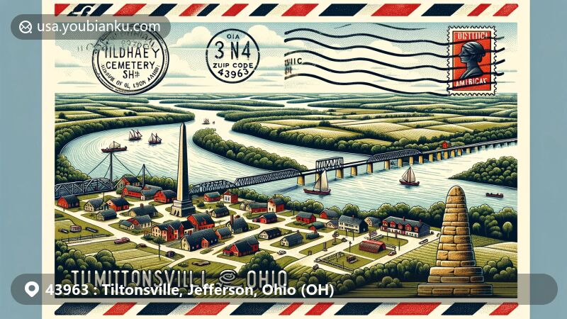 Modern illustration of Tiltonsville, Ohio, showcasing postal theme with ZIP code 43963 and historical elements like the Ohio River view and Hodgen's Cemetery Mound.