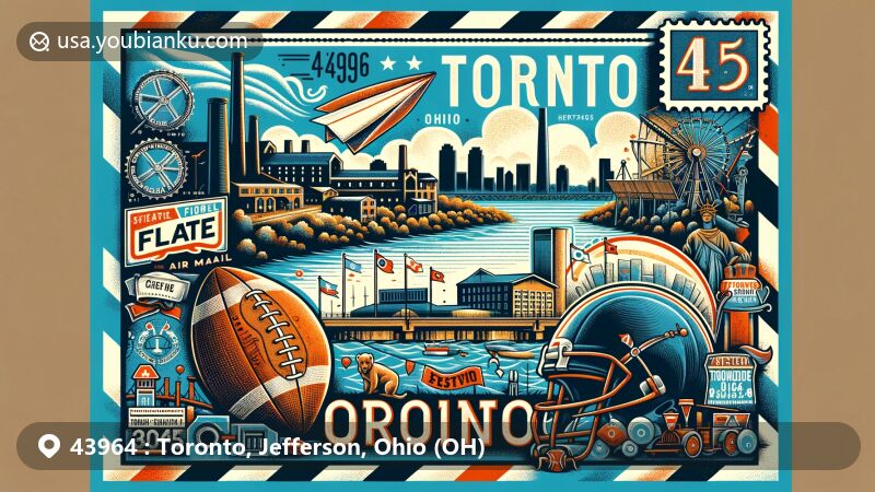 Modern illustration of Toronto, Ohio, showcasing postal theme with ZIP code 43964, featuring Ohio River, iconic steel mill silhouette, football elements, festival details, and Ohio state flag.
