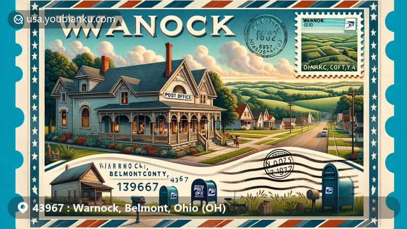 Modern illustration of Warnock, Belmont County, Ohio, in postcard style, featuring classic American post office facade amidst lush greenery and rolling hills, with vintage postal elements and ZIP code 43967.