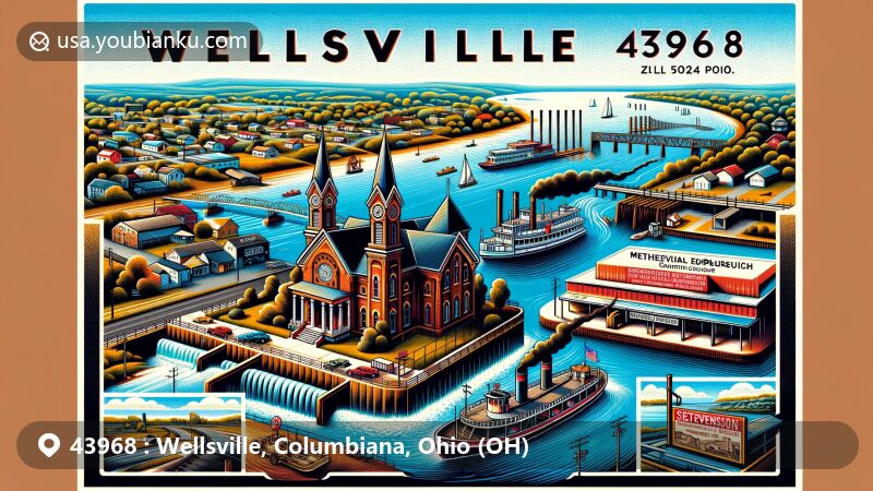 Modern illustration of Wellsville, Ohio, in Columbiana County, capturing rich history and cultural symbols with elements like the Ohio River, Methodist Episcopal Church, Stevenson Company, and Wellsville Terminals Company.