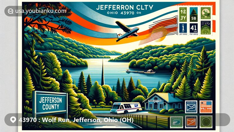 Modern illustration of Wolf Run, Jefferson, Ohio, featuring serene Lake George, postal elements, and lush surroundings, with ZIP code 43970.