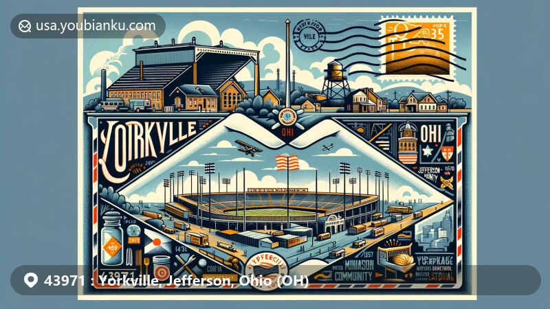 Modern illustration of Yorkville, Jefferson, Ohio, highlighting postal theme with ZIP code 43971, featuring World War II Memorial Stadium, mining community history, and Ohio River influence.