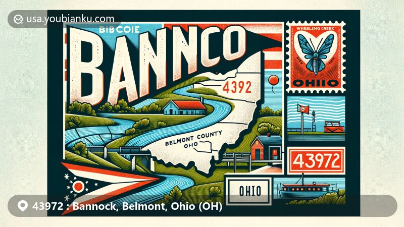 Modern illustration of Bannock, Belmont County, Ohio, featuring vintage postcard design with ZIP code 43972, showcasing Wheeling Creek, Ohio state flag, and local geography.