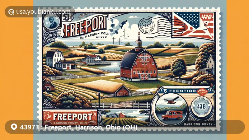 Modern illustration of Freeport, Harrison County, Ohio, highlighting rural beauty with farmlands, rolling hills, and a unique 16-sided barn symbolizing architectural heritage. Features postal theme with vintage postcard frame, stamps, postmark 'Freeport, OH 43973', and Ohio state outline.